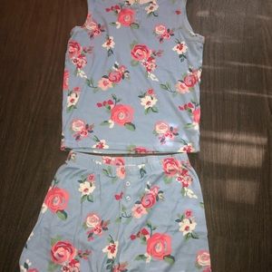 a floral, baby blue two piece pajama set